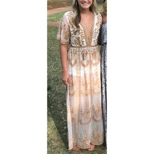 Honey Punch multi color floor length romper